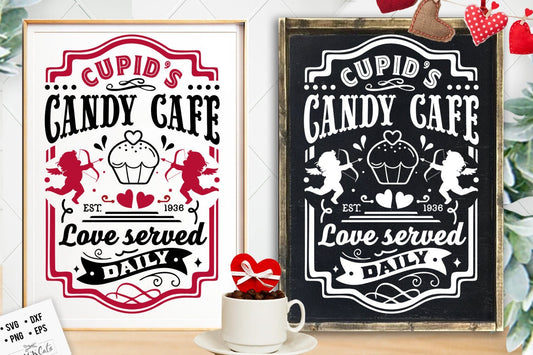 Cupid's Candy Cafe Co SVG, Farmhouse Valentine svg, Cupid's Cafe SVG, Cupid's label svg, Chocolates hearts kisses svg