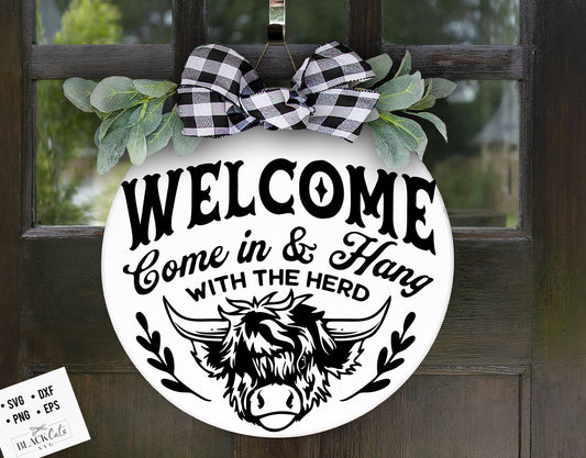 Highland cow door hanger svg, Highland cow round svg, Welcome sign svg, Cow Head SVG, Front door hanger svg, Farmhouse Cow Sign Svg