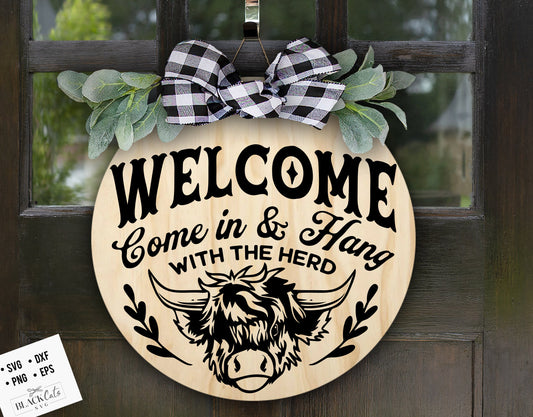 Highland cow door hanger svg, Highland cow round svg, Welcome sign svg, Cow Head SVG, Front door hanger svg, Farmhouse Cow Sign Svg