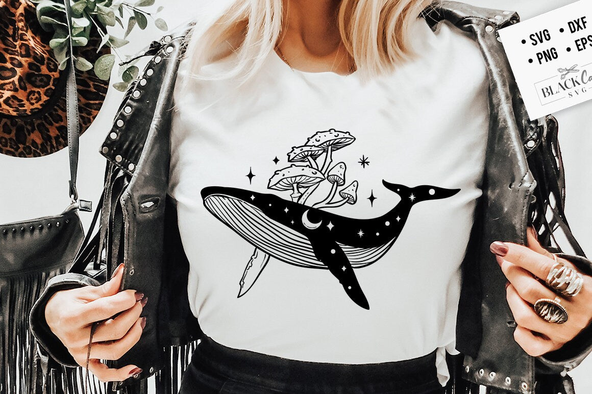 Whale SVG design, Celestial whale SVG file for Cricut, Whale and mushrooms svg, Magic illustration svg, Boho svg, Boho illustration svg
