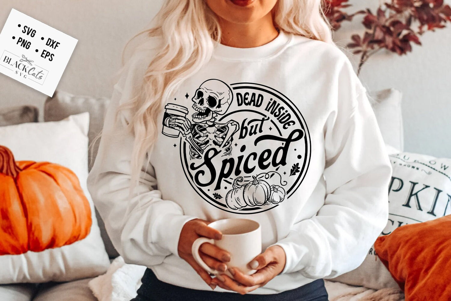 Dead inside but spiced SVG, Pumpkin spice svg, Autumn skull svg, Peace sign skeleton svg, Funny karma svg, Funny skeleton svg