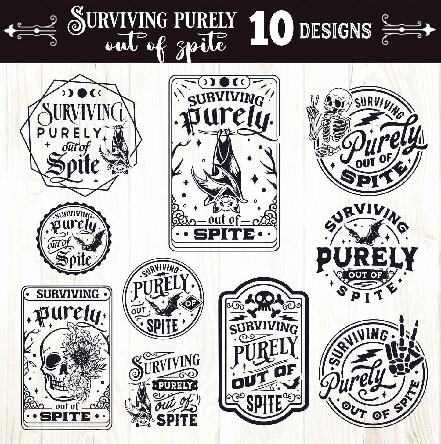 Surviving purely out of spite SVG, Dark humor svg bundle, Out of spite SVG, Bat bundle svg, tarot bundle svg, funny tarot cards svg